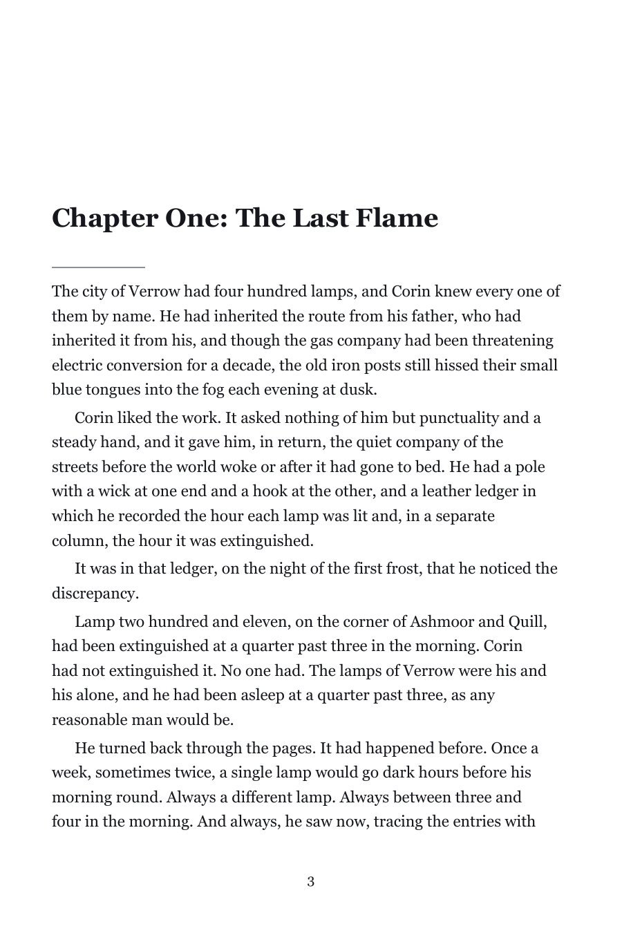 A formatted 6 by 9 inch chapter page with a dropped heading, an accent rule, justified serif body text, correct margins, and a centered page number