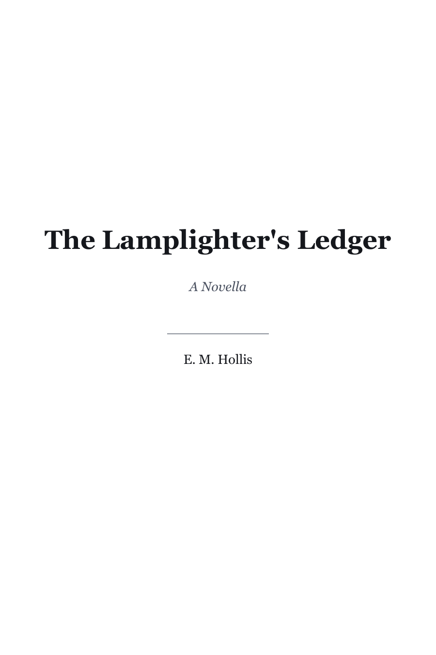 A formatted 6 by 9 inch title page with a centered serif title, italic subtitle, hairline rule, and author name