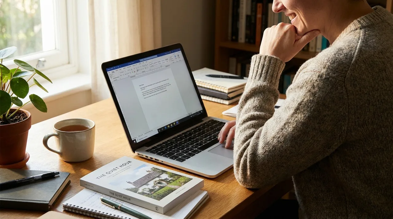 A self-published author formatting a book manuscript on a laptop beside a printed paperback, at a warm creative desk